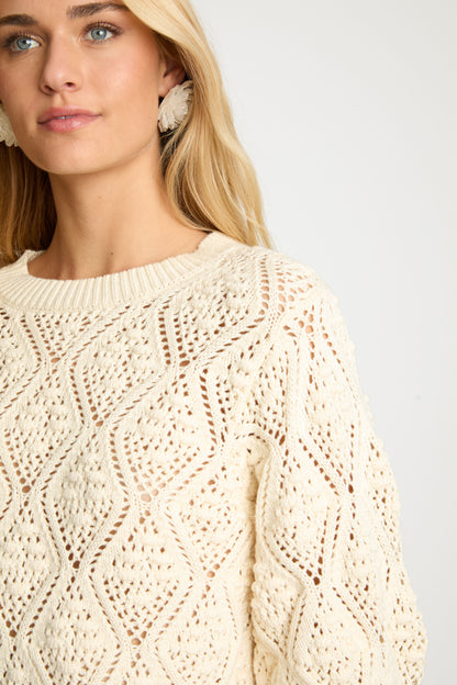 Close-up detail of the Layla Sweater in cream featuring the intricate diamond openwork knit pattern and soft textured finish.