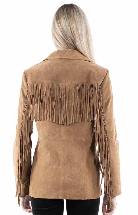 Back view of a tan suede leather jacket with fringe across the back yoke and down the sleeves.