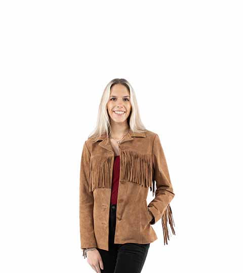 Model wearing a tan suede leather fringe jacket with notched lapels, a button-front closure, and side pockets.