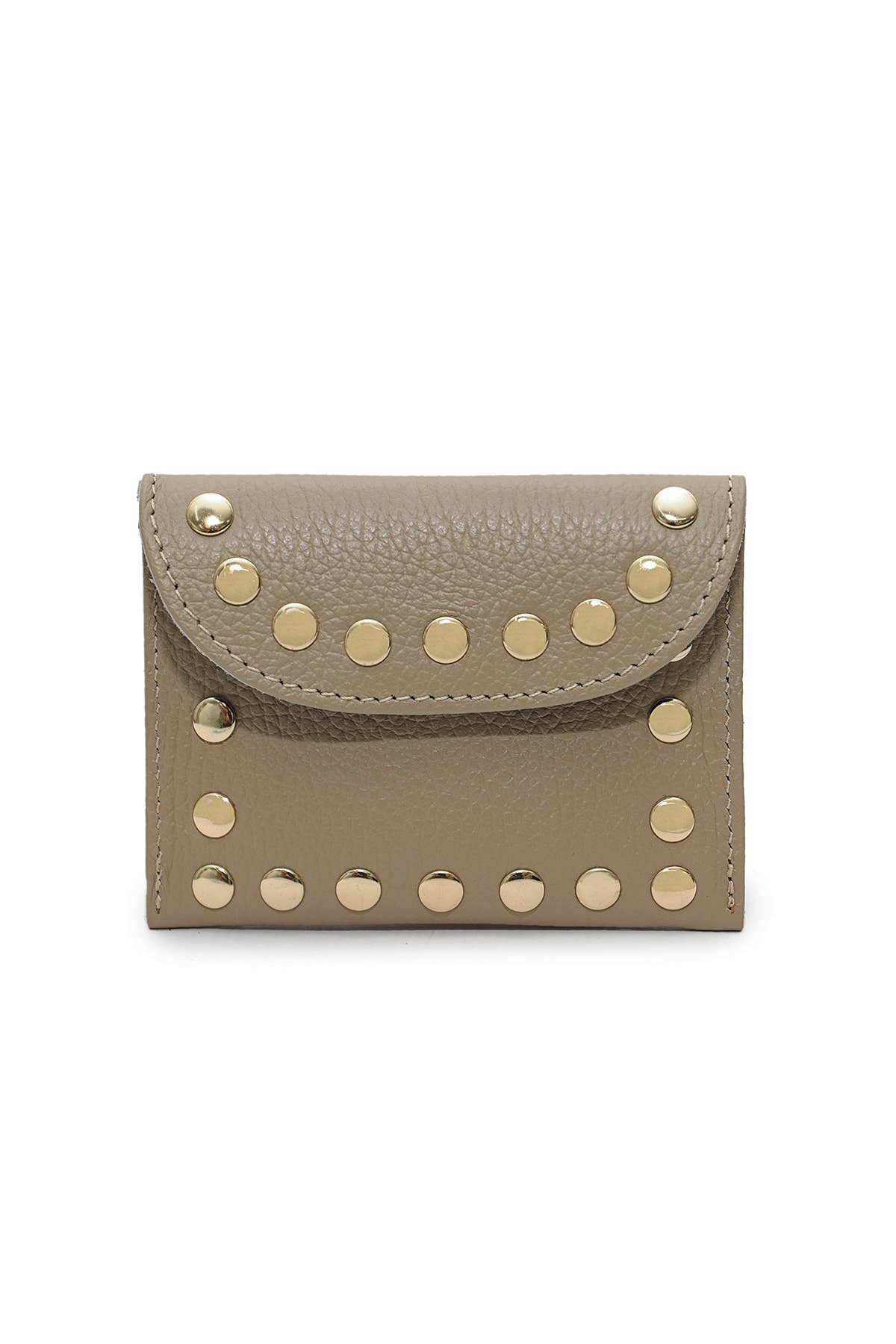 Taupe grained cowhide leather Leina wallet with a curved magnetic flap and gold-tone stud detailing.