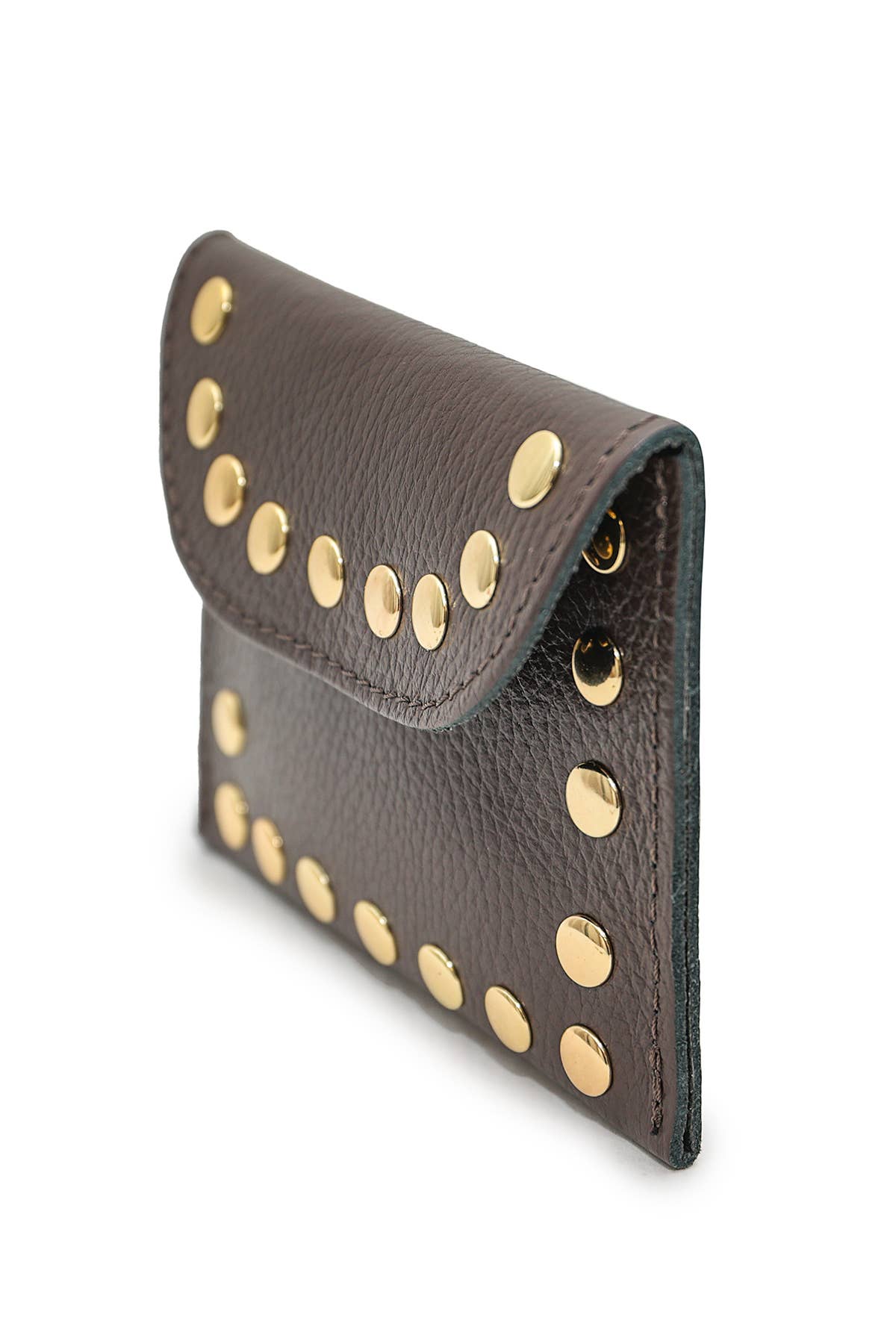 Angled view of the compact chocolate Leina Wallet with a studded magnetic flap.