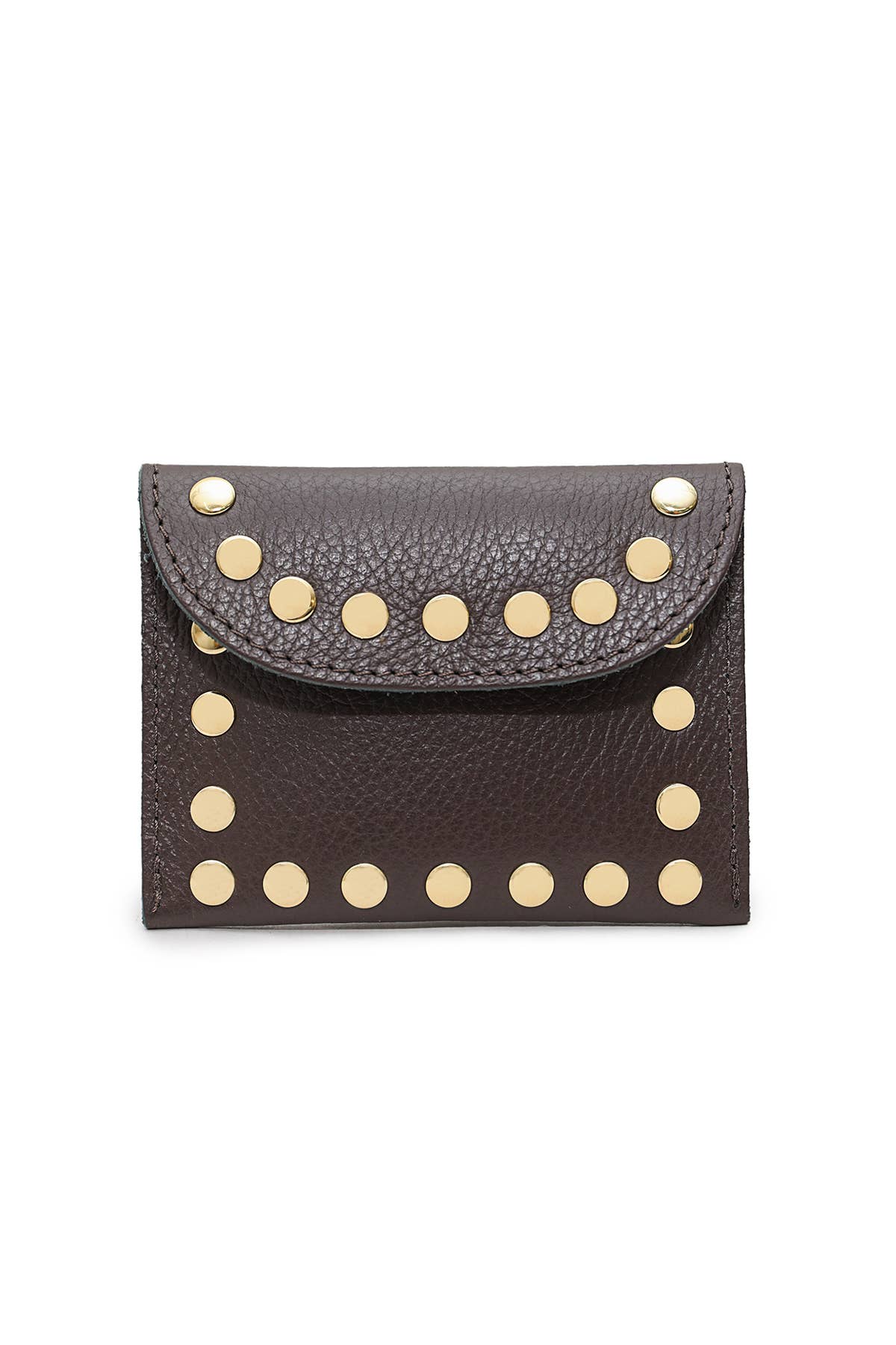 Leina Wallet in chocolate grained cowhide leather with gold-tone stud detailing and magnetic flap closure.