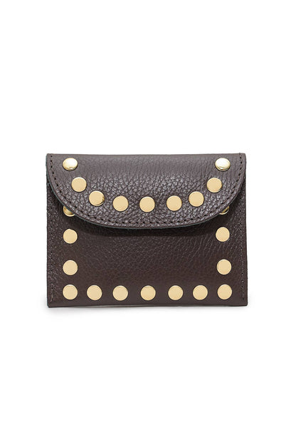Leina Wallet in chocolate grained cowhide leather with gold-tone stud detailing and magnetic flap closure.