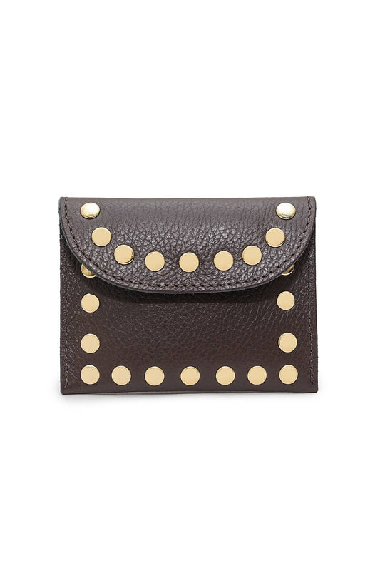 Leina Wallet in chocolate grained cowhide leather with gold-tone stud detailing and magnetic flap closure.