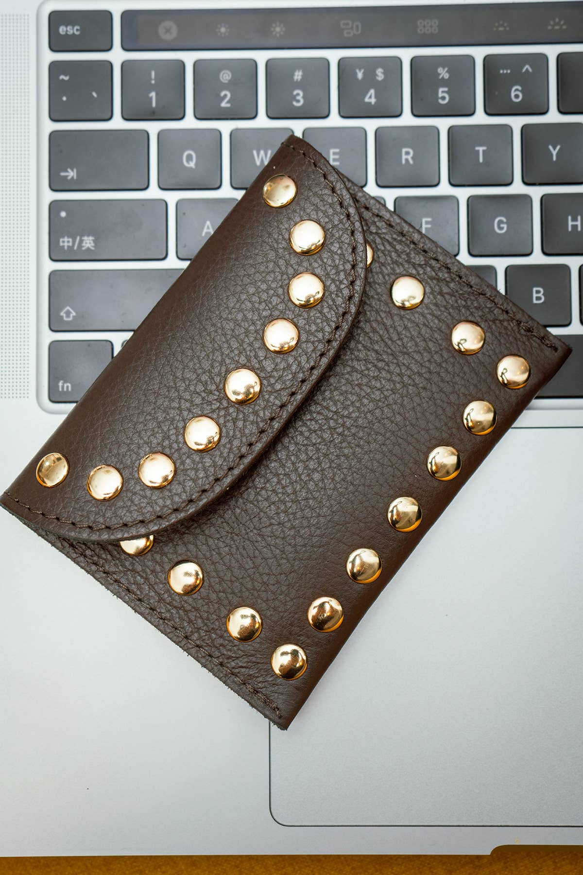 Chocolate Leina Wallet with gold-tone studs styled on a silver laptop.