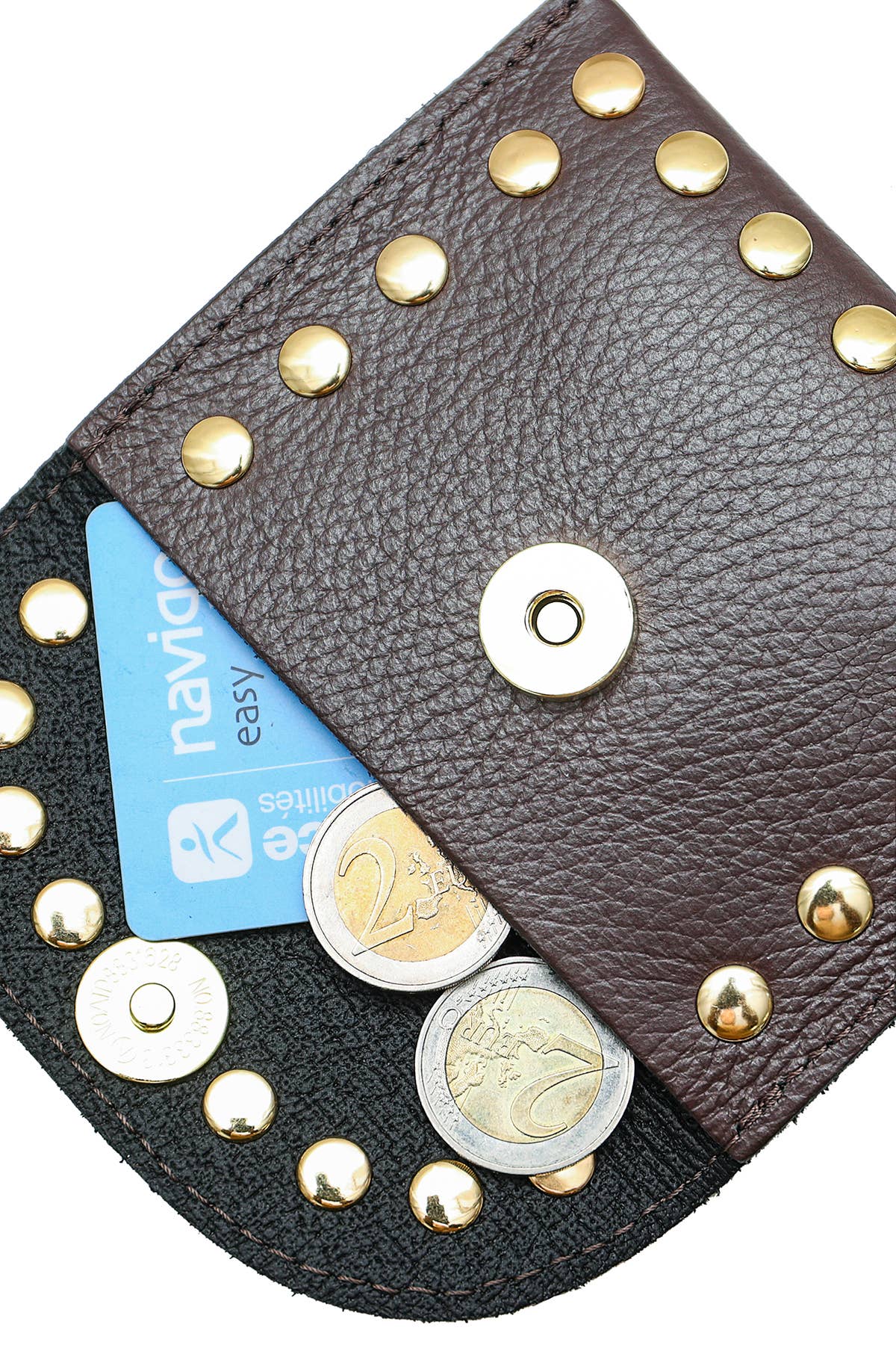Open chocolate Leina Wallet showing the magnetic closure and interior storage for cards and coins.