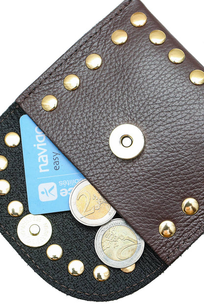 Open chocolate Leina Wallet showing the magnetic closure and interior storage for cards and coins.