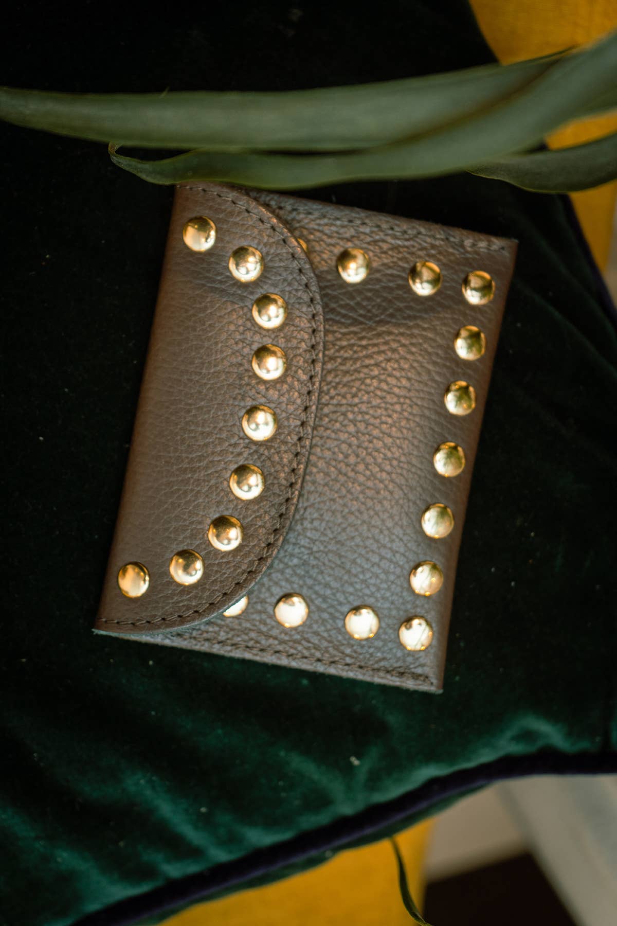 Chocolate leather Leina Wallet with gold-tone studs styled against dark green velvet.