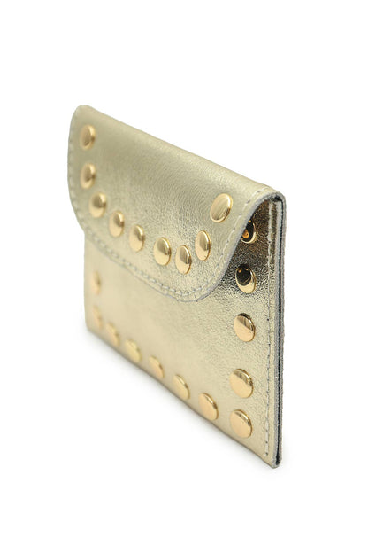 Angled view of the gold metallic Leina Wallet highlighting its slim profile and studded flap.