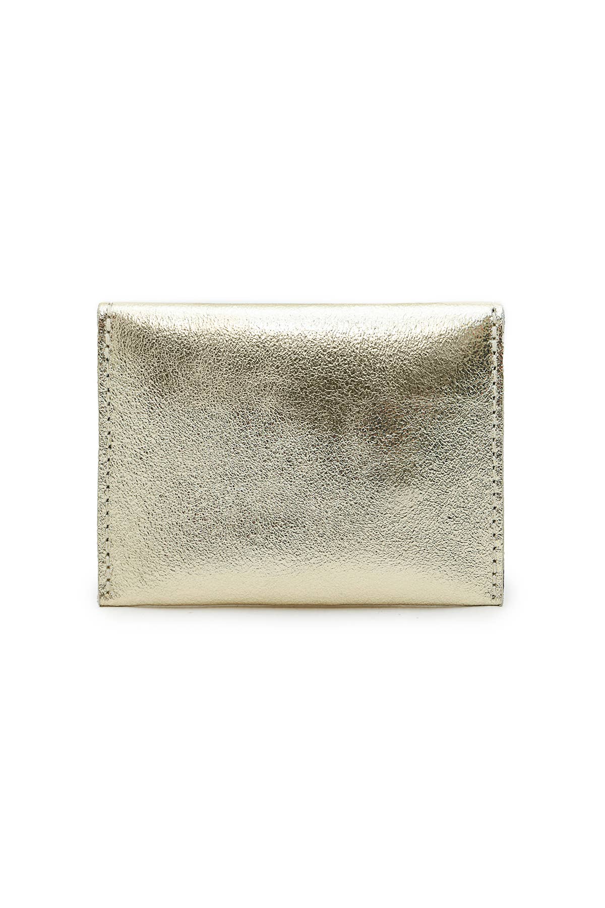 Back view of the compact Leina Wallet in gold metallic cowhide leather.
