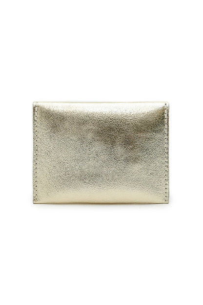 Back view of the compact Leina Wallet in gold metallic cowhide leather.