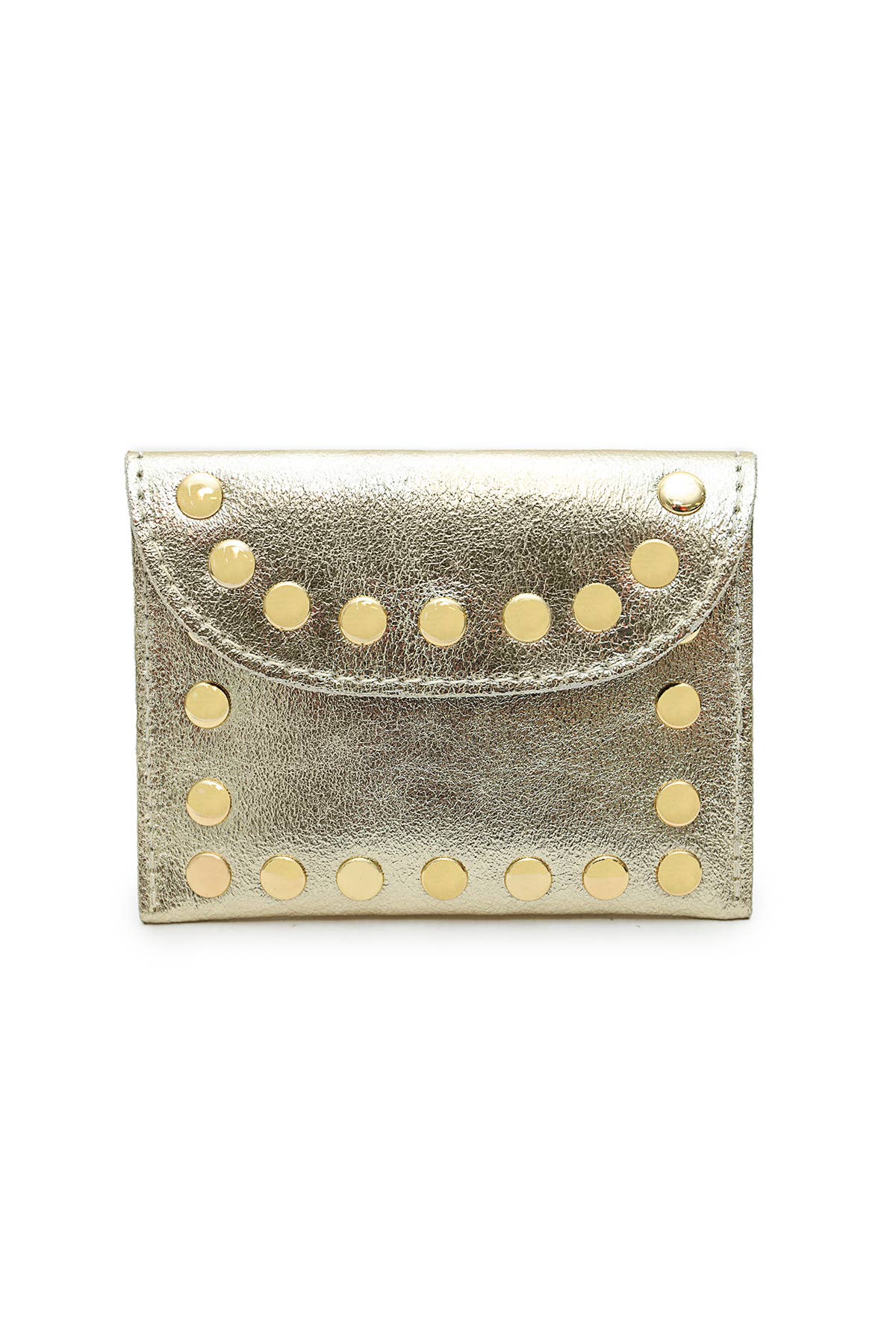 Gold metallic cowhide leather Leina Wallet with studded flap, shown from the front.