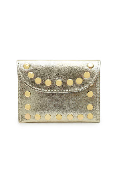 Gold metallic cowhide leather Leina Wallet with studded flap, shown from the front.
