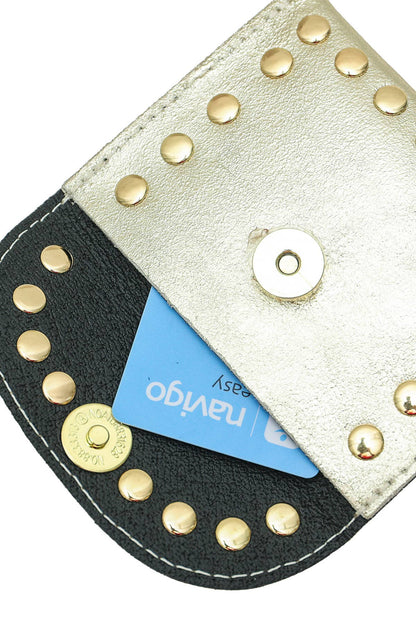 Open gold metallic Leina Wallet showing the magnetic closure and interior card compartment.