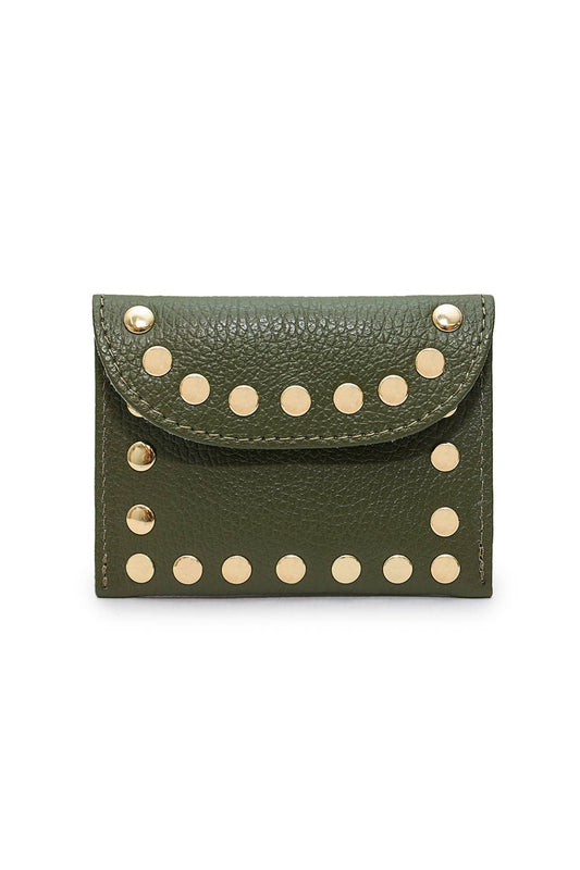 Leina Wallet in khaki grained cowhide leather with gold-tone stud detailing and a magnetic flap closure.