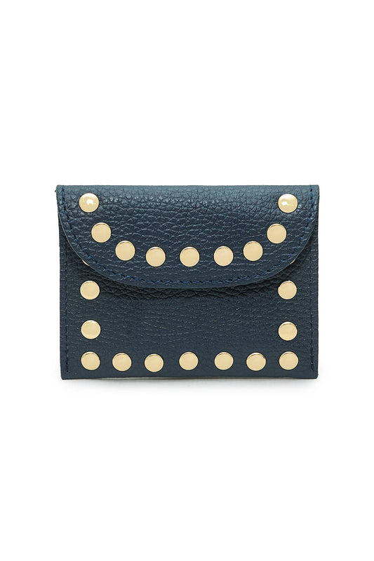 Leina Wallet in navy grained cowhide leather with gold-tone studs and magnetic flap closure on a white background.