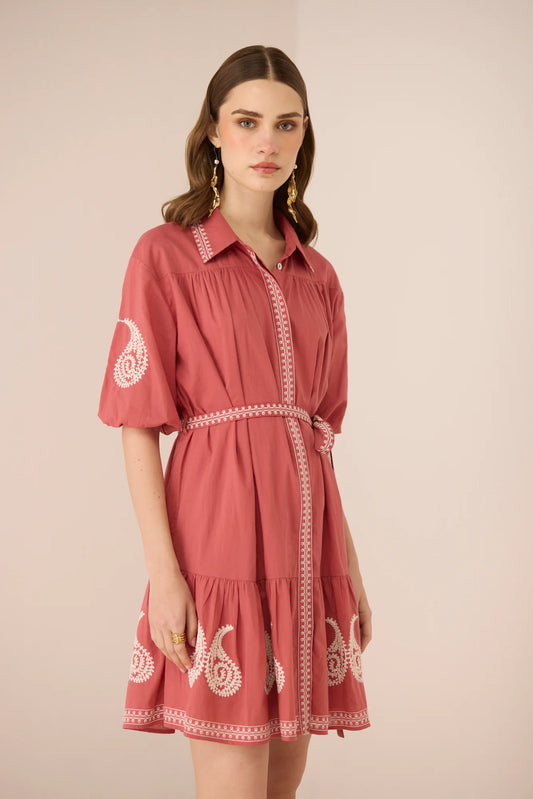 Front view of the Lizzie Mini Dress showing the collared neckline, short sleeves, cream embroidery, and relaxed belted fit.