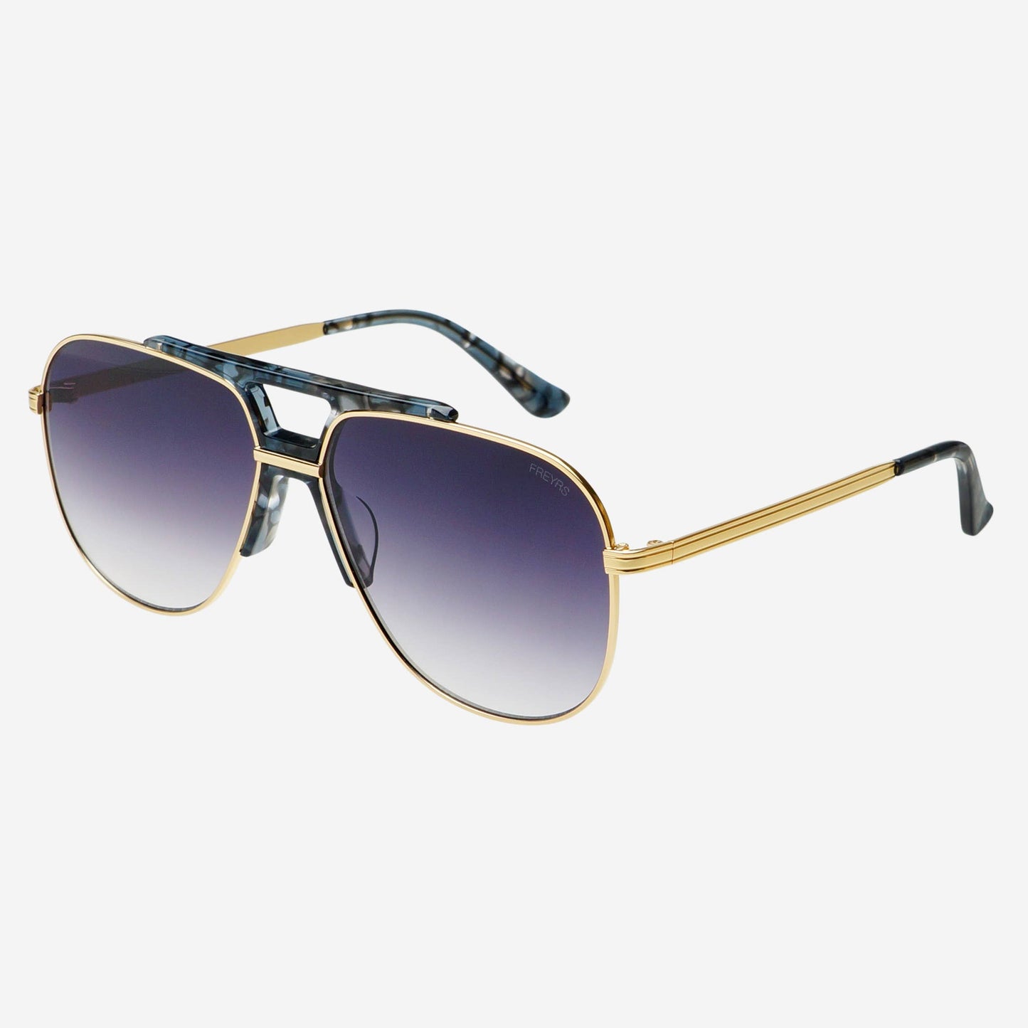 Angled product view of Logan acetate aviator unisex sunglasses with light gold detailing and gray gradient lenses.
