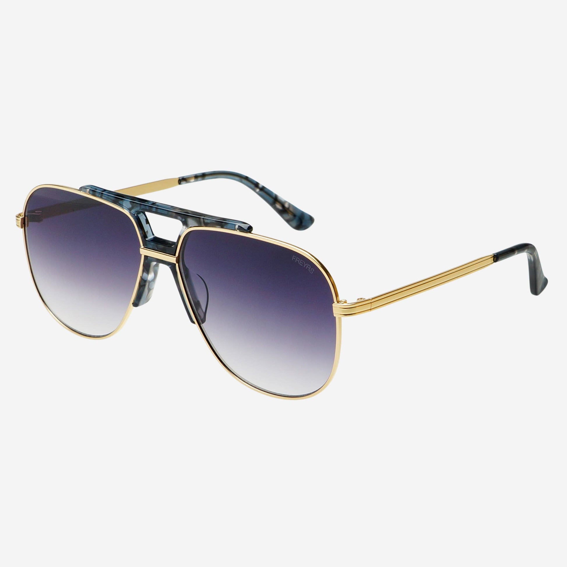 Angled product view of Logan acetate aviator unisex sunglasses with light gold detailing and gray gradient lenses.