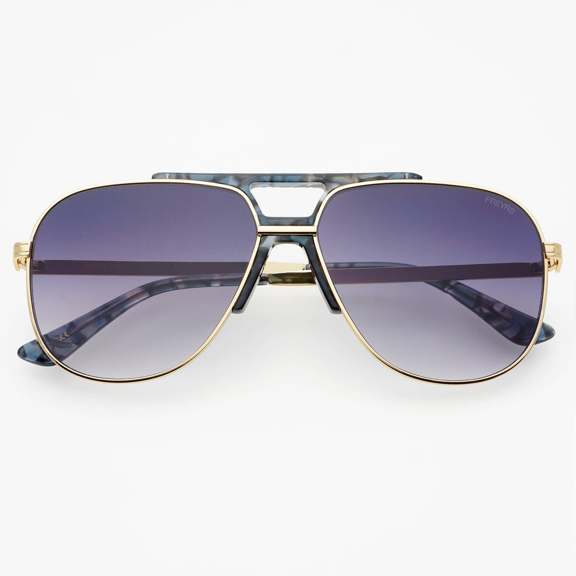 Front view of Logan acetate aviator unisex sunglasses featuring a light gold frame and gray gradient lenses.