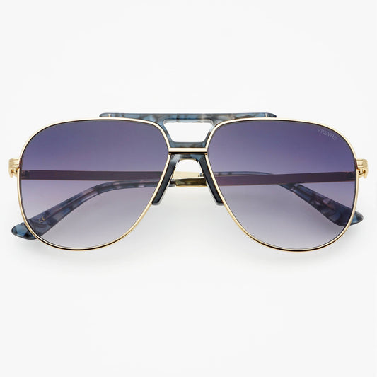 Front view of Logan acetate aviator unisex sunglasses featuring a light gold frame and gray gradient lenses.