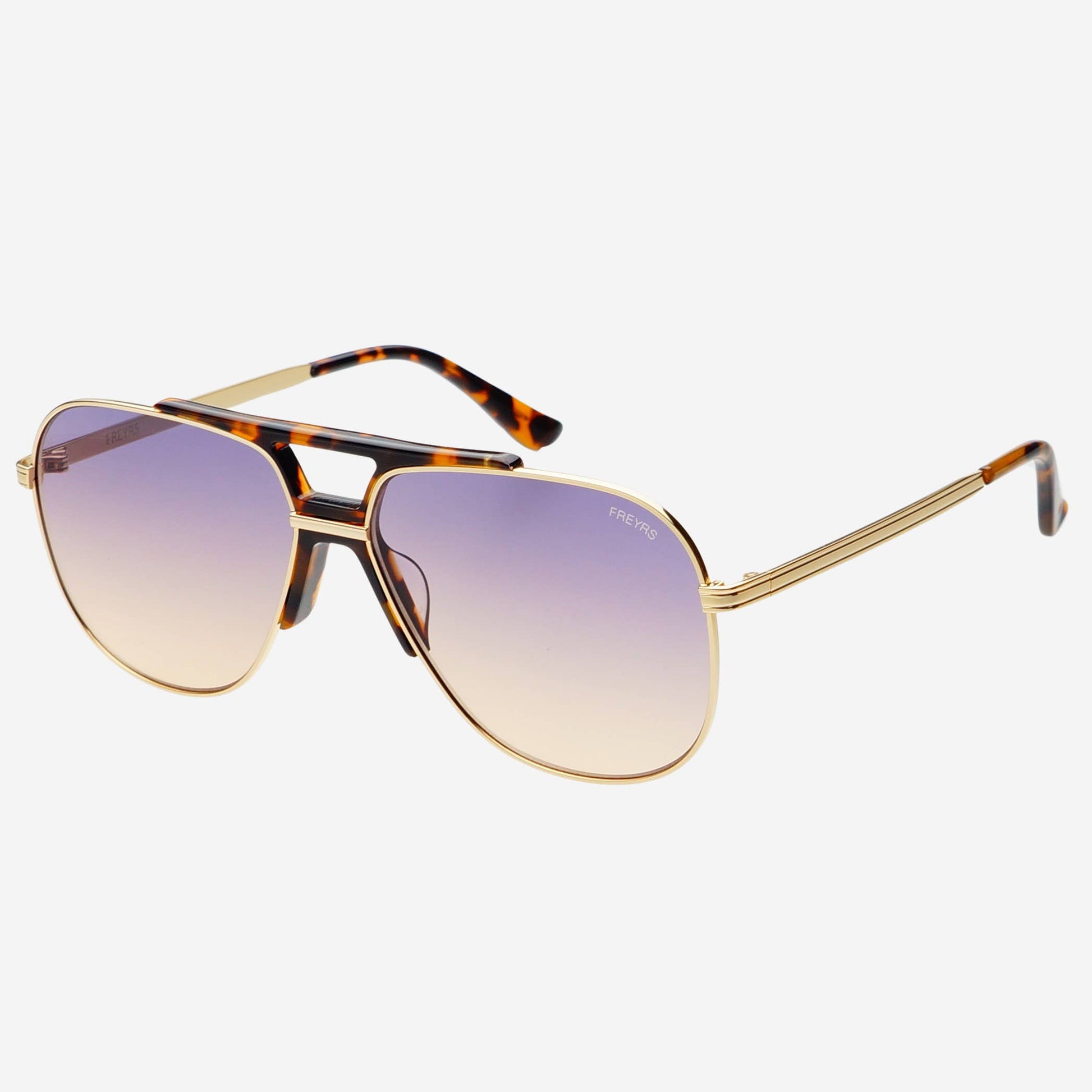 Angled view of Logan Acetate Aviator Unisex Sunglasses with sunrise gradient lenses and acetate frame details.