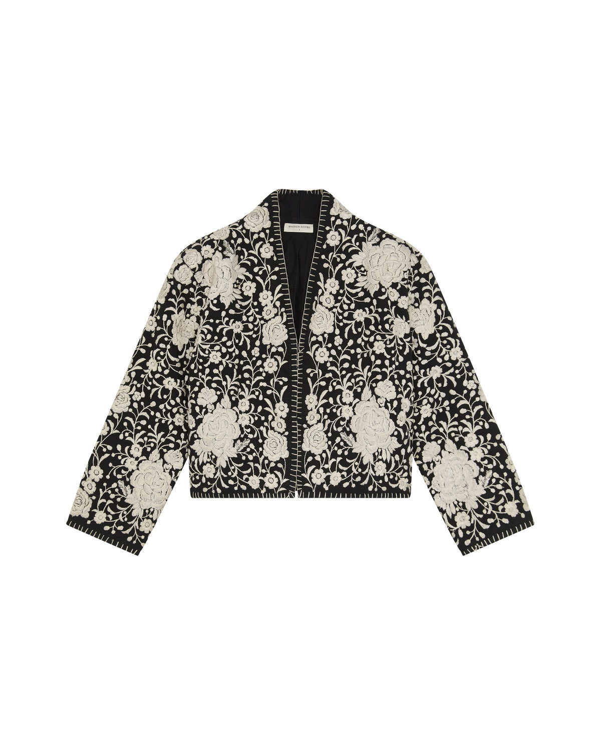 Lola Jacket in Flores floral print, a cropped cotton jacket with contrast trim on a white background.
