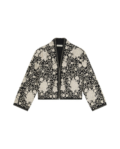 Lola Jacket in Flores floral print, a cropped cotton jacket with contrast trim on a white background.