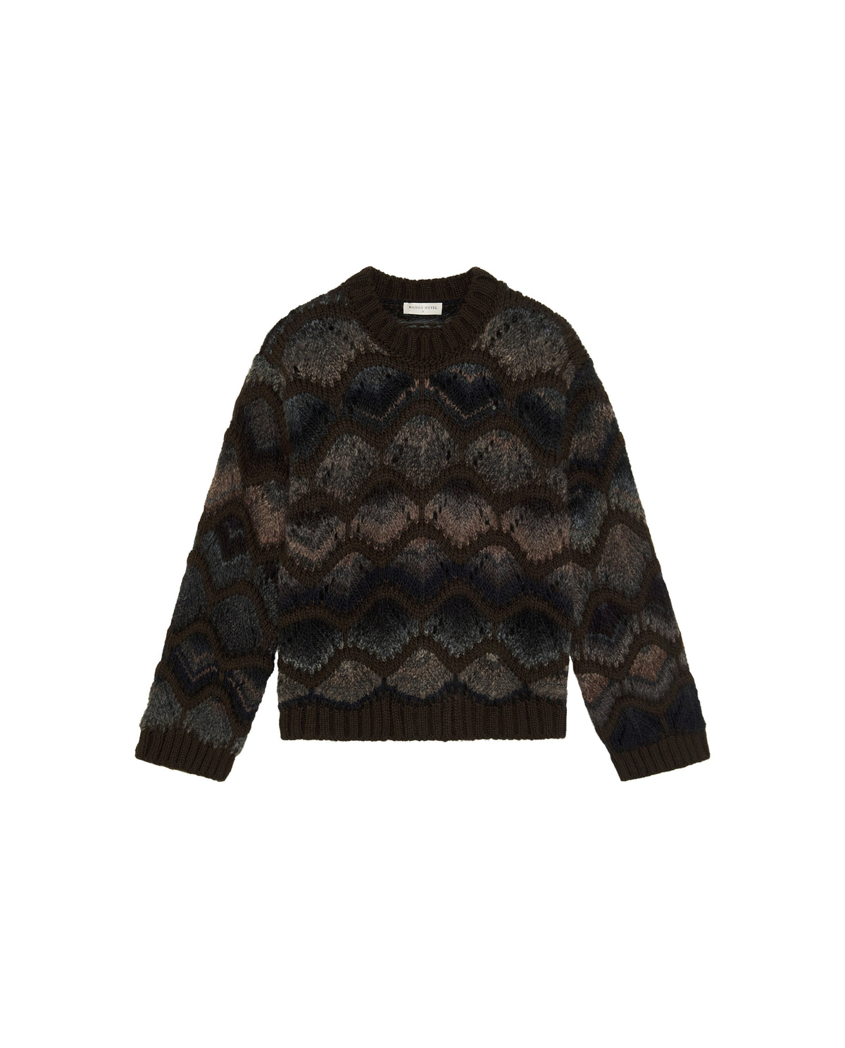 Maison Hotel Marcela Sweater in Frosted Earth featuring a textured wave-pattern knit, crew neckline, long sleeves, and ribbed trims.