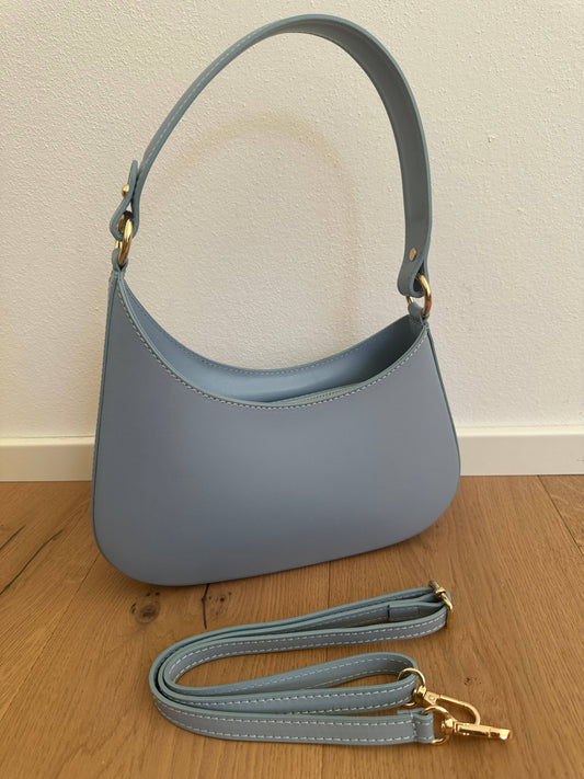Baby blue genuine leather Margaret shoulder bag with gold-tone hardware, top handle, and adjustable crossbody strap.