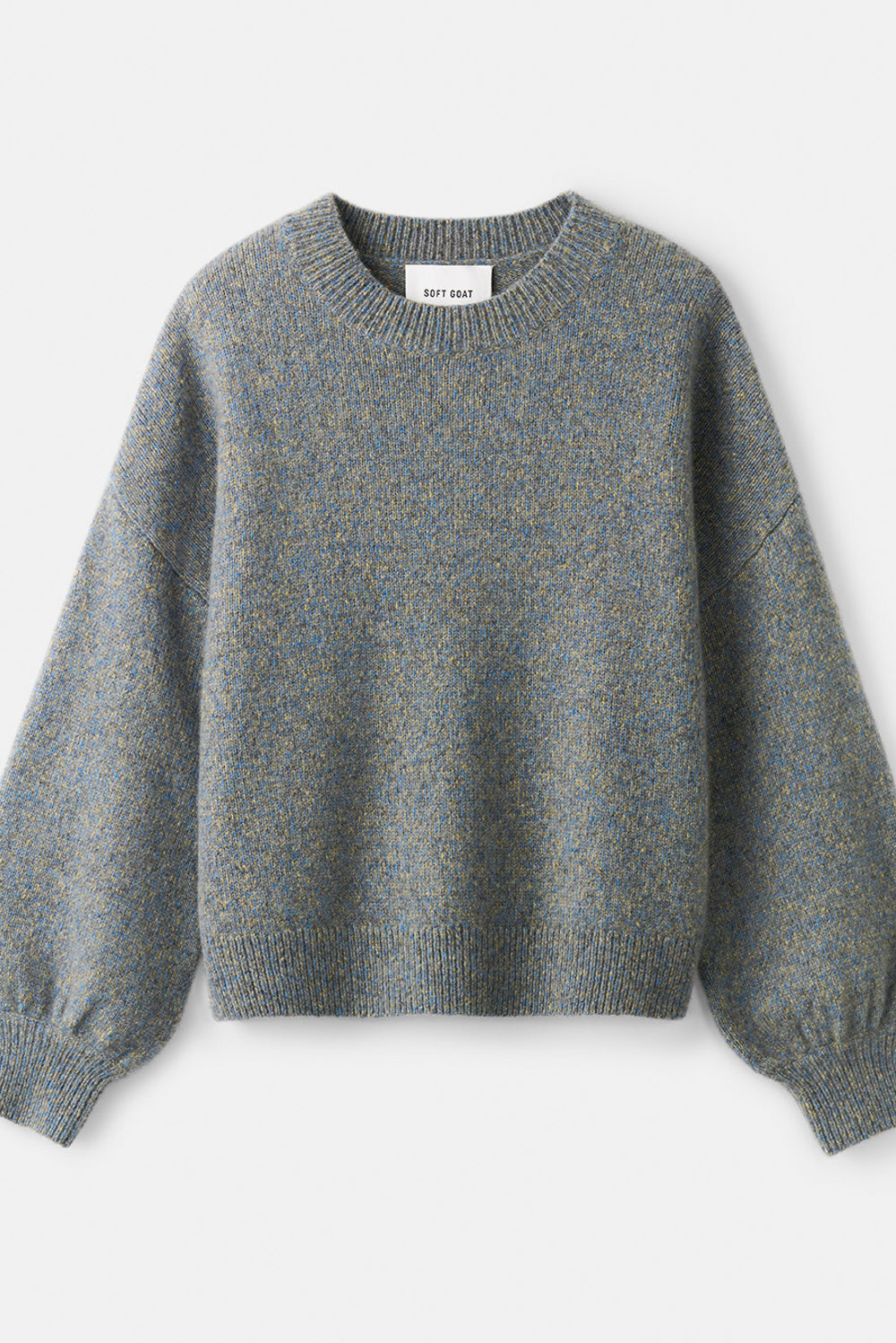 Blue-grey marled crewneck sweater laid flat, showing its relaxed shape and ribbed trims.