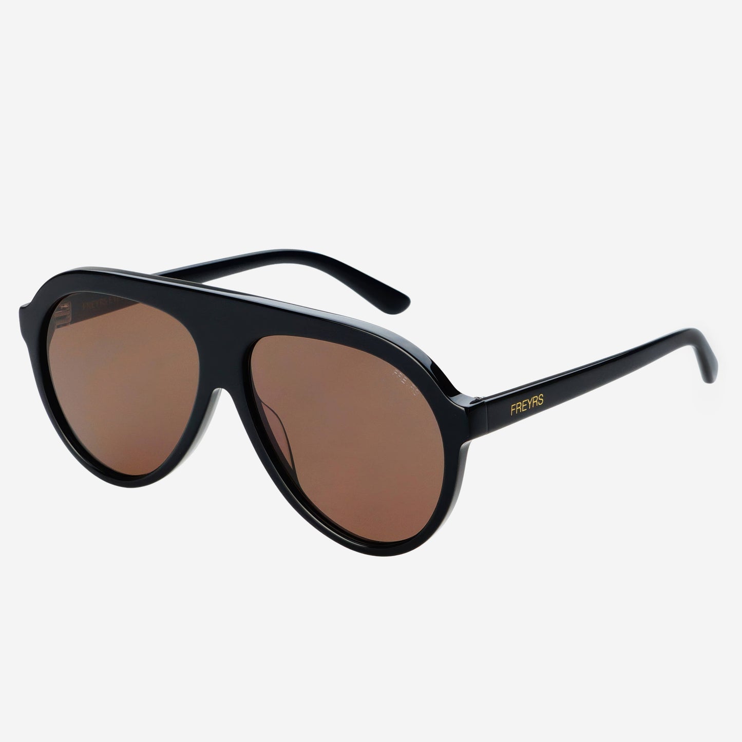 Angled view of Maxwell acetate aviator sunglasses in black with brown-tinted lenses and slim temples.