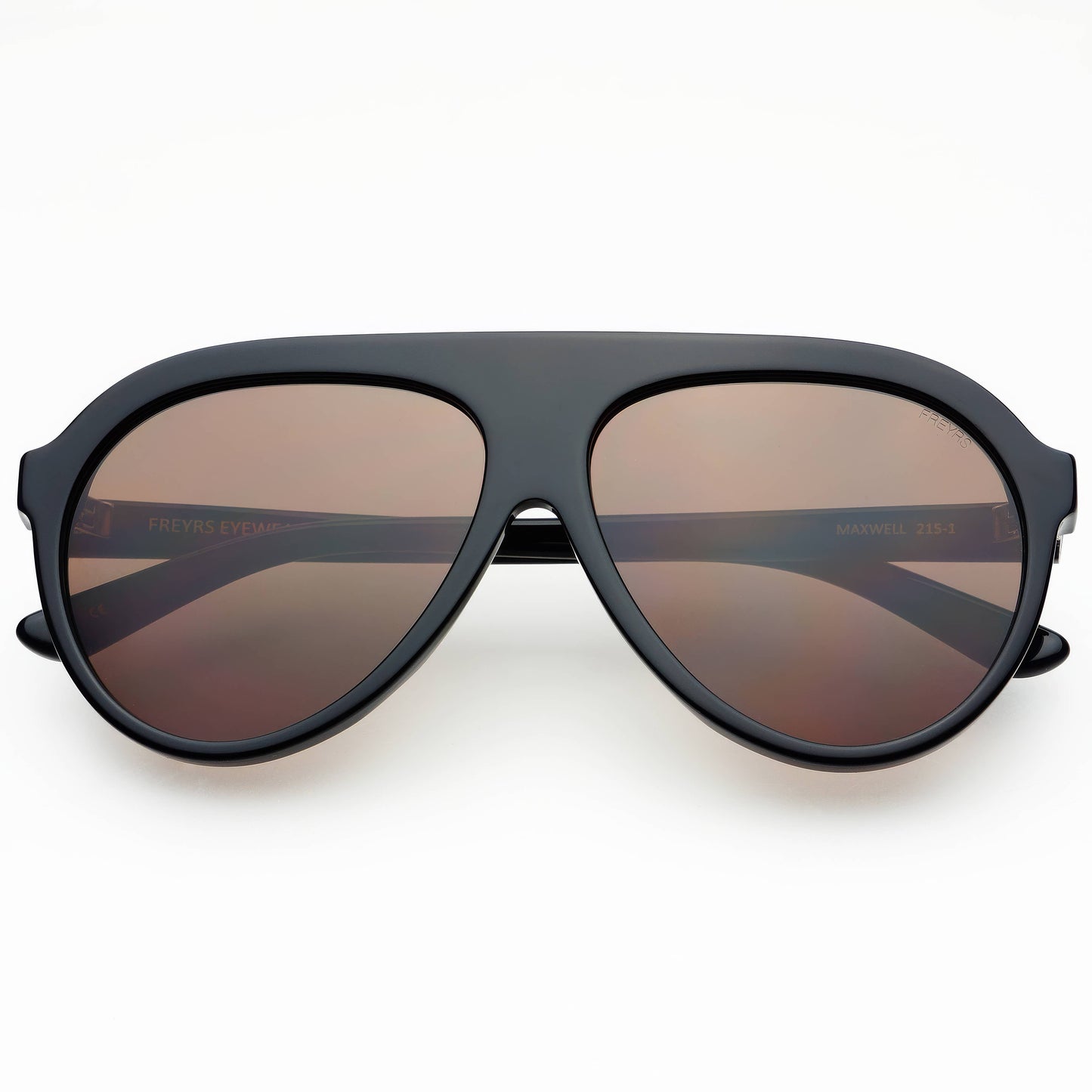 Front view of Maxwell acetate aviator sunglasses in black with brown-tinted lenses.