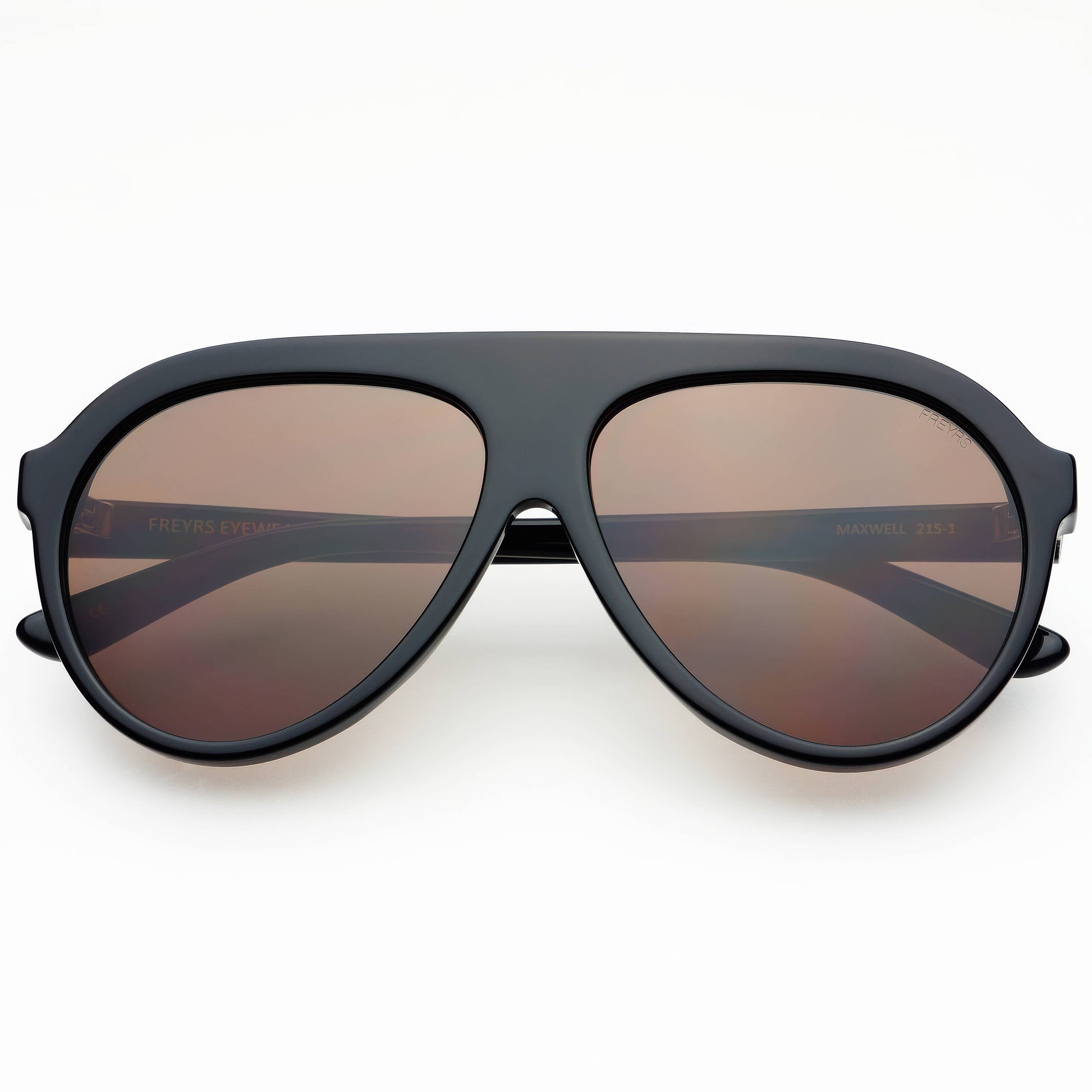 Front view of Maxwell acetate aviator sunglasses in black with brown-tinted lenses.