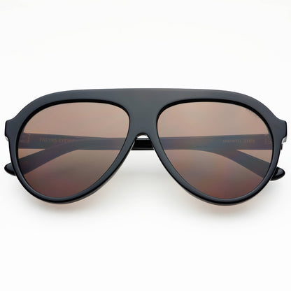 Front view of Maxwell acetate aviator sunglasses in black with brown-tinted lenses.