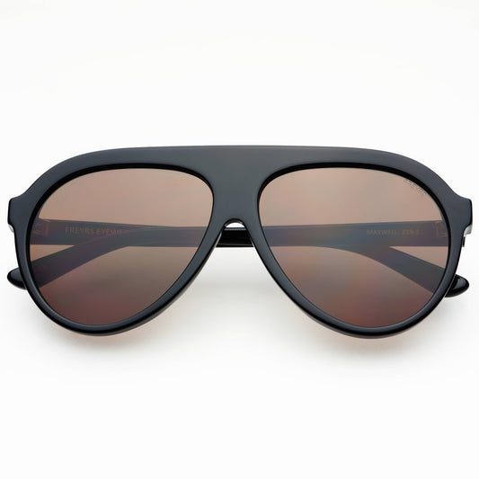 Front view of Maxwell acetate aviator sunglasses in black with brown-tinted lenses.