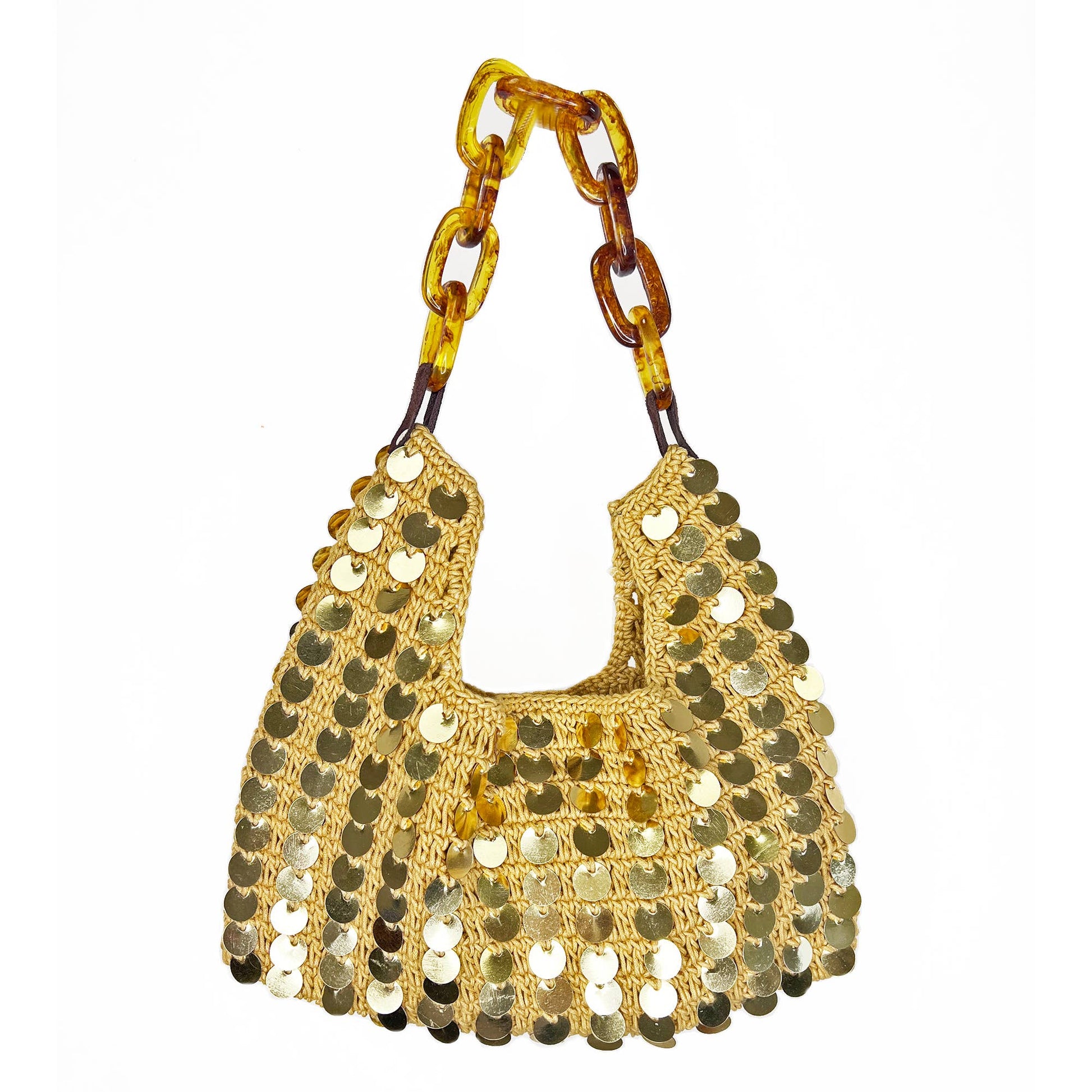 Handwoven cotton shoulder bag featuring allover gold sequin disc embellishments, a natural woven body, tortoiseshell-style acrylic chain handle, magnetic clasp closure, and lined interior.