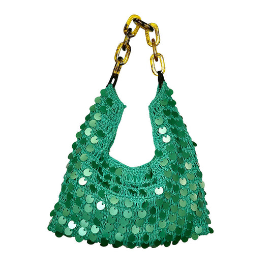 Front view of the Mia Cotton Purse in green featuring a hand-crocheted cotton design, allover sequin embellishment, and acrylic chain handle.