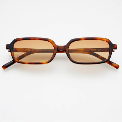 Front view of Miki rectangular unisex sunglasses featuring a tortoise acetate frame and brown UV-protective lenses.