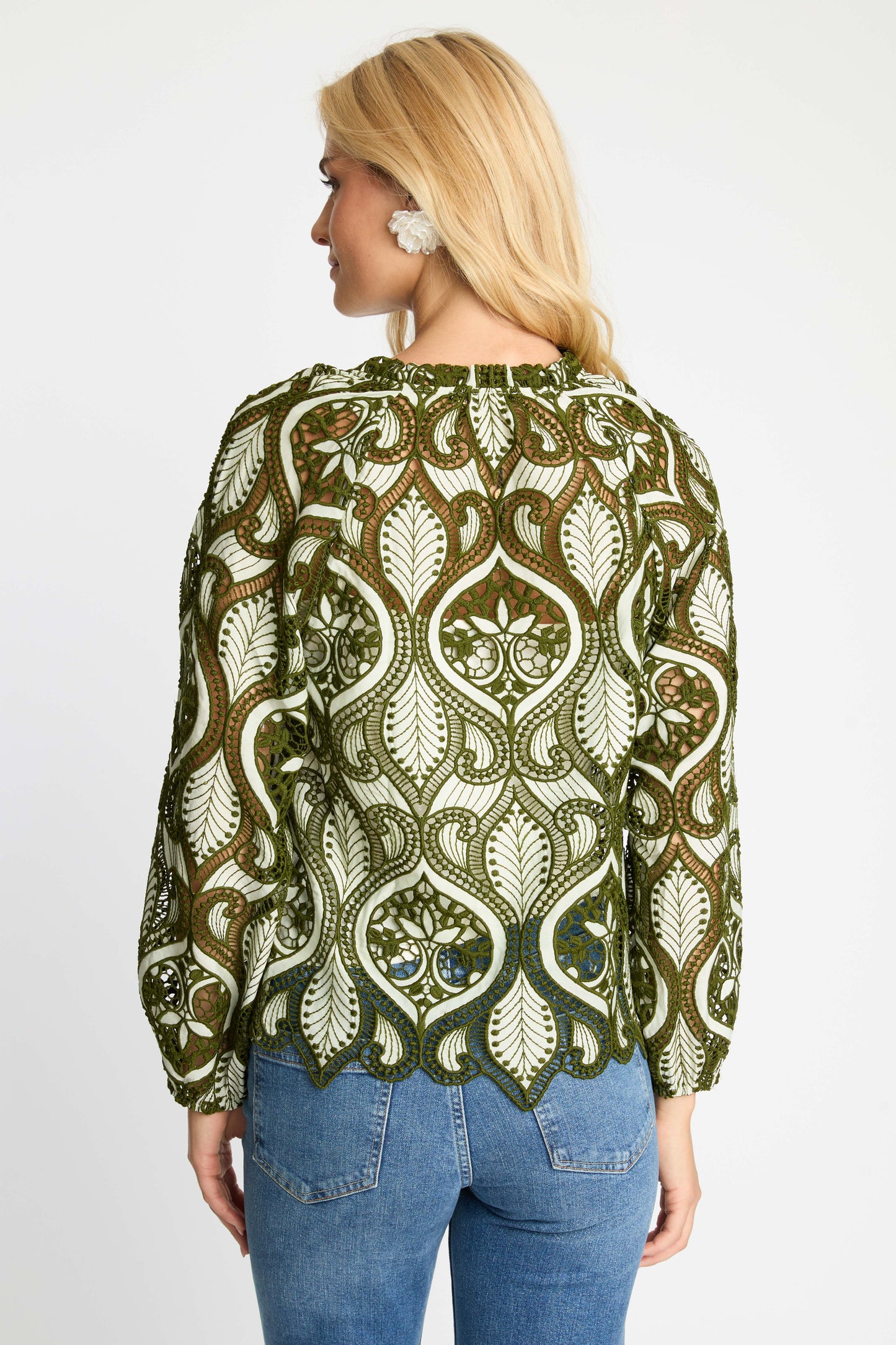 Back view of the Miki Top in loden green featuring embroidered eyelet fabric, scalloped hem, and long sleeves with smocked cuffs.