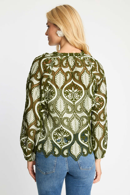 Back view of the Miki Top in loden green featuring embroidered eyelet fabric, scalloped hem, and long sleeves with smocked cuffs.