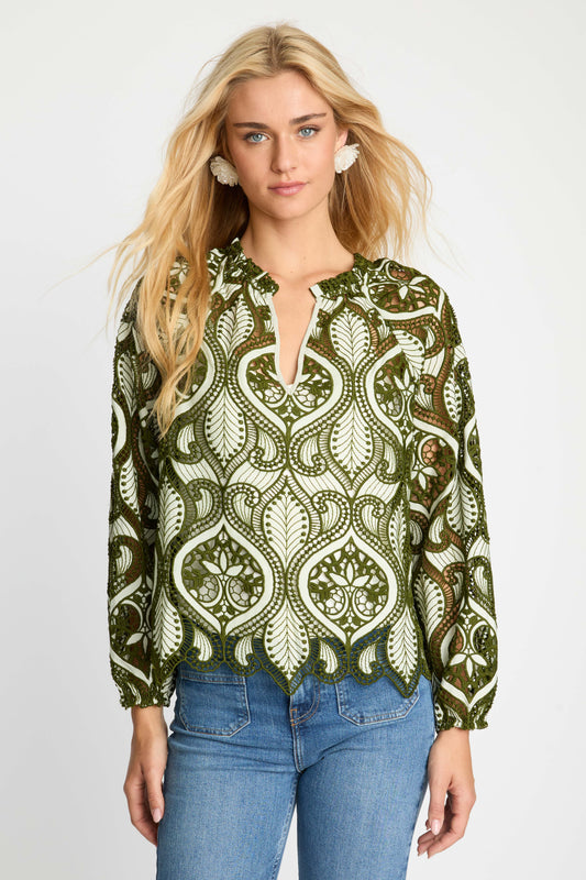 Front detail of the Miki Top in loden green with embroidered paisley-inspired eyelet pattern, split V-neckline with ruffled trim, and scalloped hem.