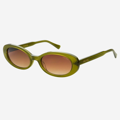 Olive Mimi acetate oval sunglasses shown at an angle with brown tinted lenses and slim arms.