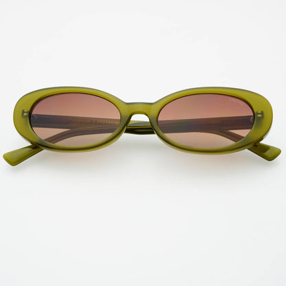 Olive Mimi acetate oval sunglasses with brown tinted lenses shown from the front.