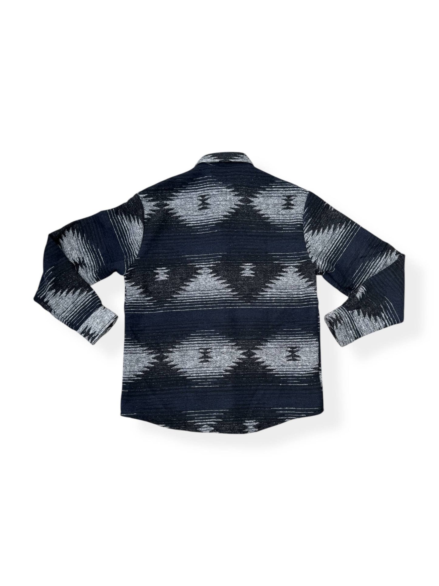 Back view of the Moab Mid-Weight Button Down featuring a black and blue Aztec pattern in a soft poly wool blend.