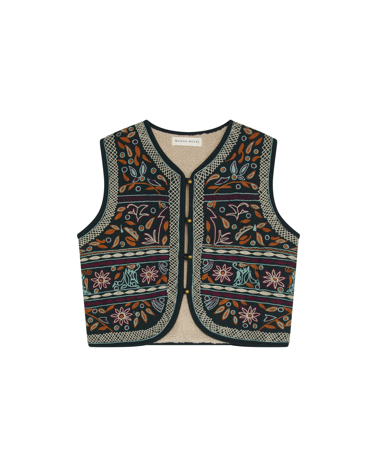 Maison Hotel Munch Vest in Ocher featuring multicolor floral embroidery, contrast trim, and button-front detail.