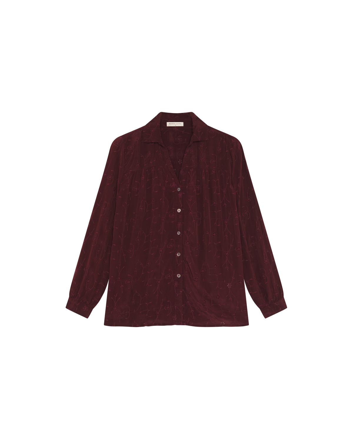 Maison Hotel Nana Shirt in Bacco featuring a relaxed button-front silhouette, pointed collar, long sleeves, and subtle tonal detailing in a rich wine hue.
