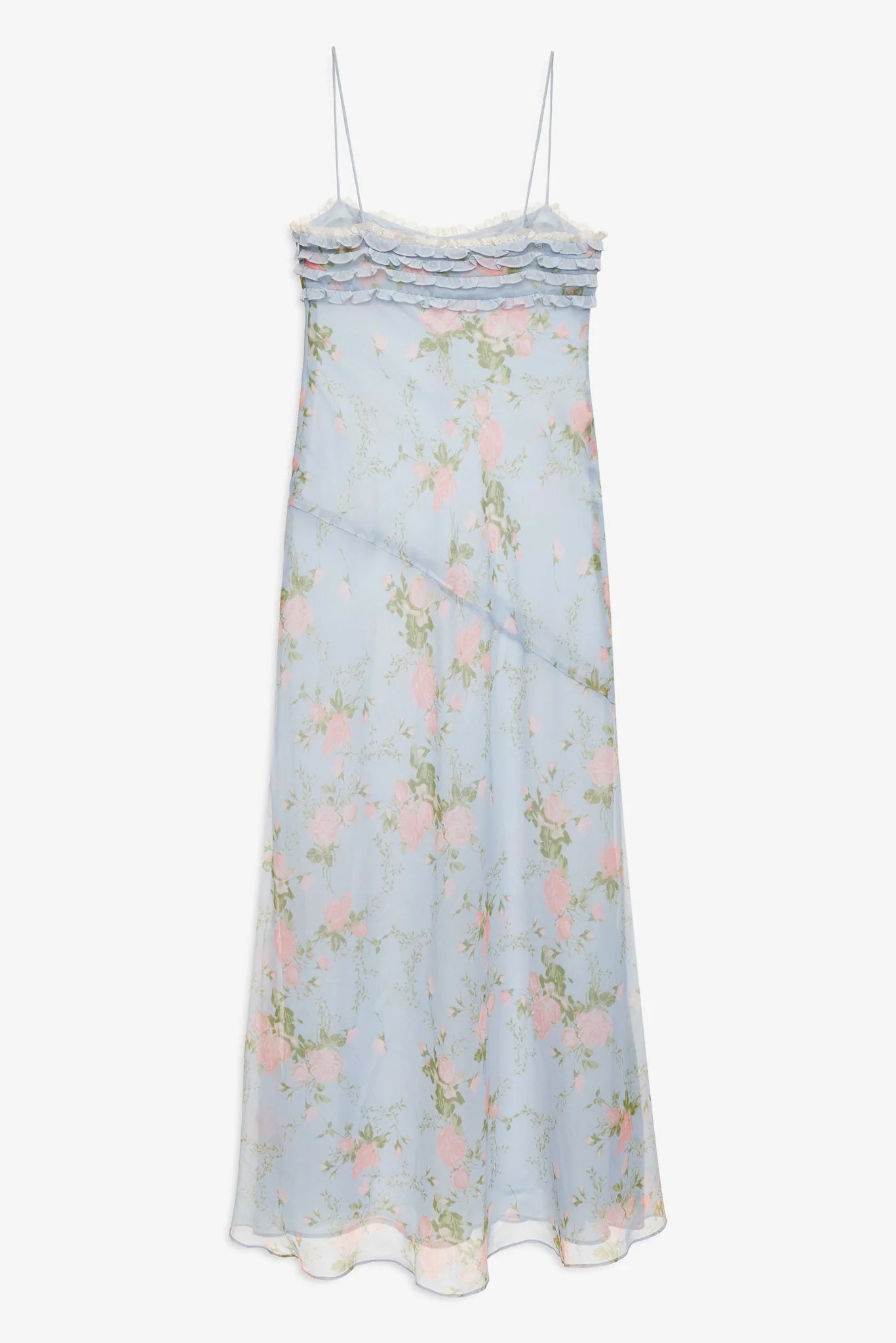 Back view of the Natalie Maxi Dress in dusty blue floral print with slim spaghetti straps, ruffle detailing, and flowing maxi skirt.