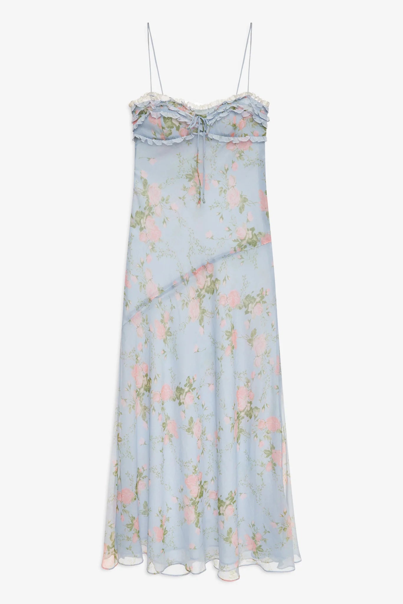 Front view of the Natalie Maxi Dress in dusty blue with soft pink floral print, delicate ruffle trim, lace neckline, and flowing maxi silhouette.
