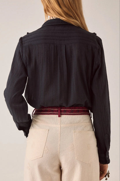 Back view of the Night Fever Javiera Blouse in Onyx featuring a relaxed silhouette, subtle gathered detailing, and textured cotton sleeves.